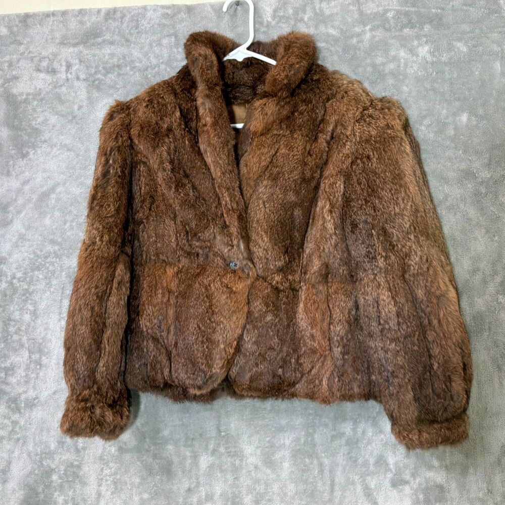 Vintage Hong Kong Dyed Rabbit Fur short Coat  Womens M Brown satin lined pockets